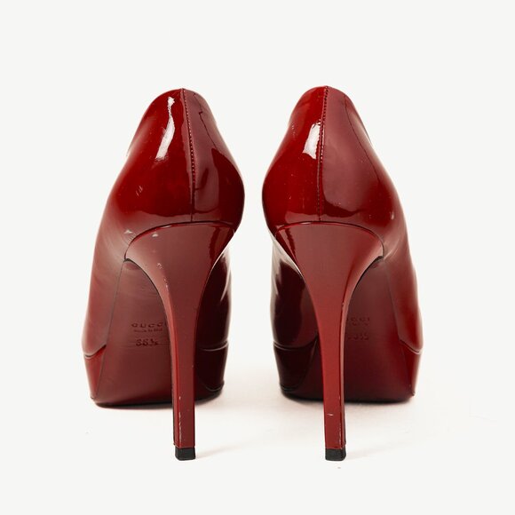 Gucci Burgundy Vernice Crystal Square-Toe Platform Pumps - Picture 3 of 10